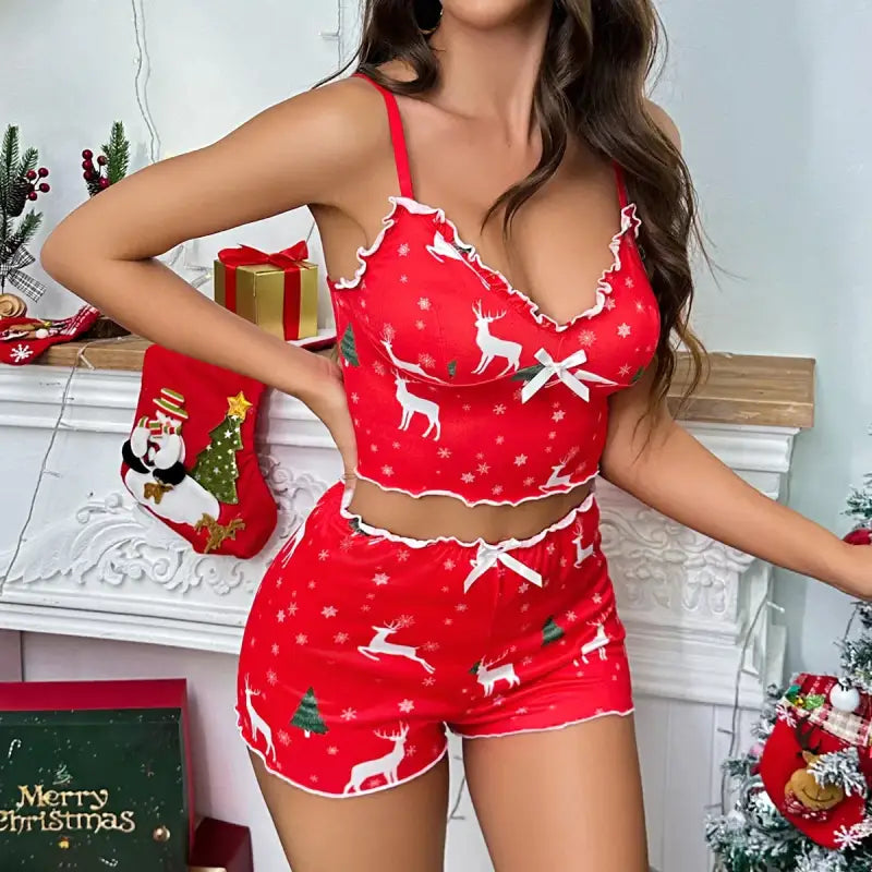 Świąteczna piżama damska na ramiączkach - Czerwony / S